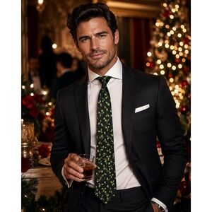 American Greetings 2002 Christmas Holly Berry Black Silk Necktie Mens Tie